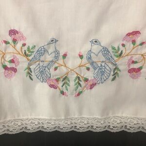 Vintage Handmade Embroidered Bird & Floral Design Bedding Pillowcase - Lace edge